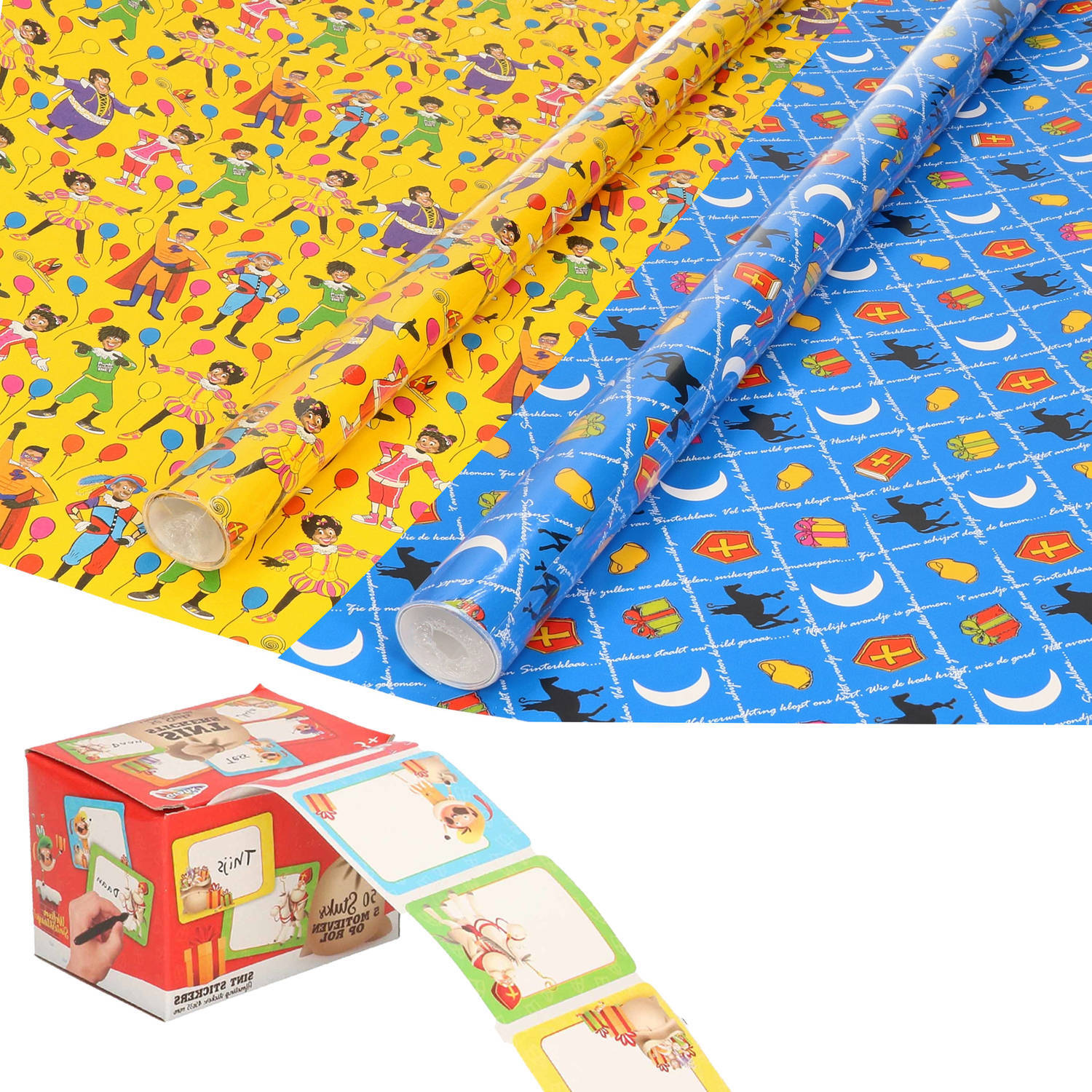 Bellatio Decorations sinterklaas inpakpapier/cadeaupapier 6x rollen en 50 naam stickers - cadeaupapier