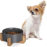 Relaxdays Hondenvoerbak - Keramiek - 850 ml - Hondenbak met Bamboe Houder - Grijs
