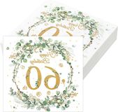 Merkloos / Sans marque BeiJingLiangPinJiaZuoKeJiWenHuaFaZhanYouXianGongSi Decoratie servetten voor 60e verjaardag, 40 stuks met eucalyptus en goudgroen, feestelijke papieren servetten voor verjaardagsfeest en man/vrouw party