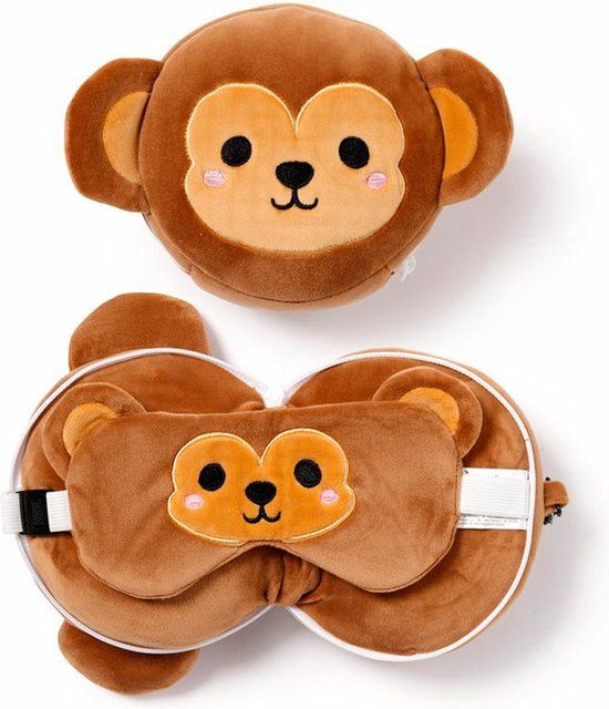 Puckator Relaxeazzz Aap knuffel/reiskussen/slaapmasker - 2-in-1 set - voor kinderen