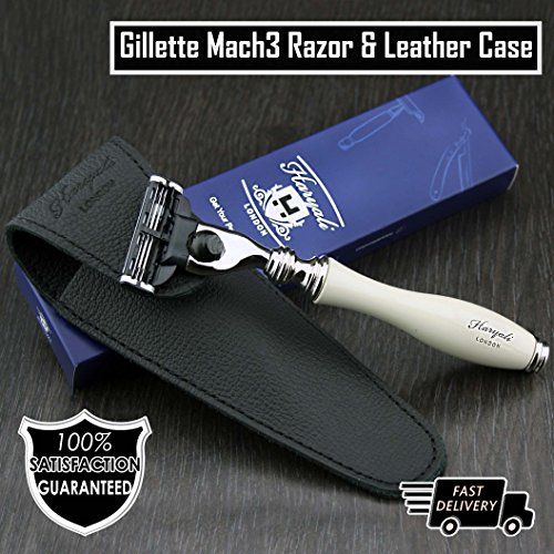 Haryali London Gent's Shaving Razor in Ivoor Kleur & Echt Lederen Tas | Heren Scheren & Grooming - Gift for Him