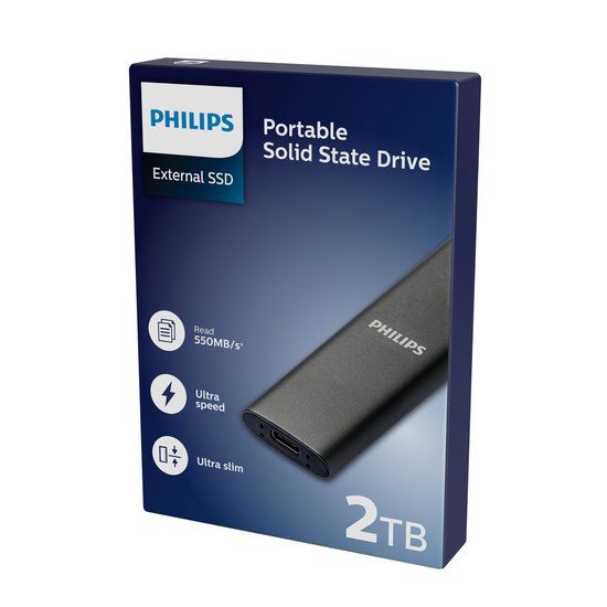 Philips Portable SSD 2TB - USB-C - 550MB/s Read - 520MB/s Write - Antraciet
