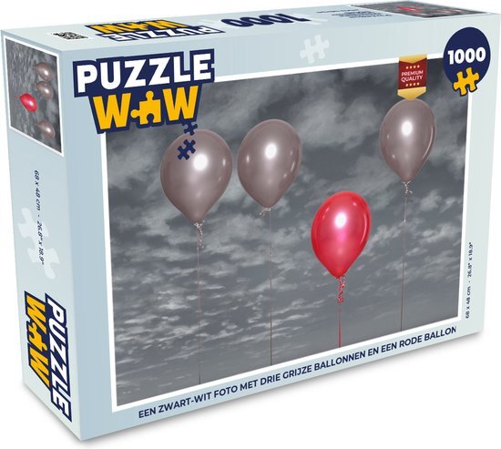 MuchoWow Puzzel Een zwart-wit foto met drie grijze ballonnen en een rode ballon - Legpuzzel - Puzzel 1000 stukjes volwassenen - Sinterklaas cadeautjes - Sinterklaas voor grote kinderen