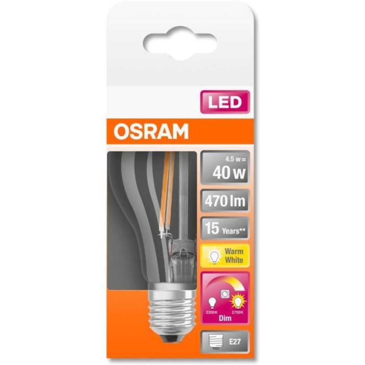 Osram LED Lamp E27 Peer A60 Filament GlowDim 4W (40W) - 2200-2700K - Dimbaar