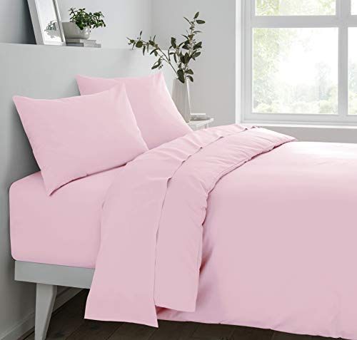 Sleepdown 68 Thread Count Fitted Sheet Bedding Set, Poly Cotton, Pink - Soft Pink, Super King