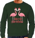 Bellatio Decorations Foute Kersttrui/sweater voor heren - Merry Christmas - groen - flamingo's S