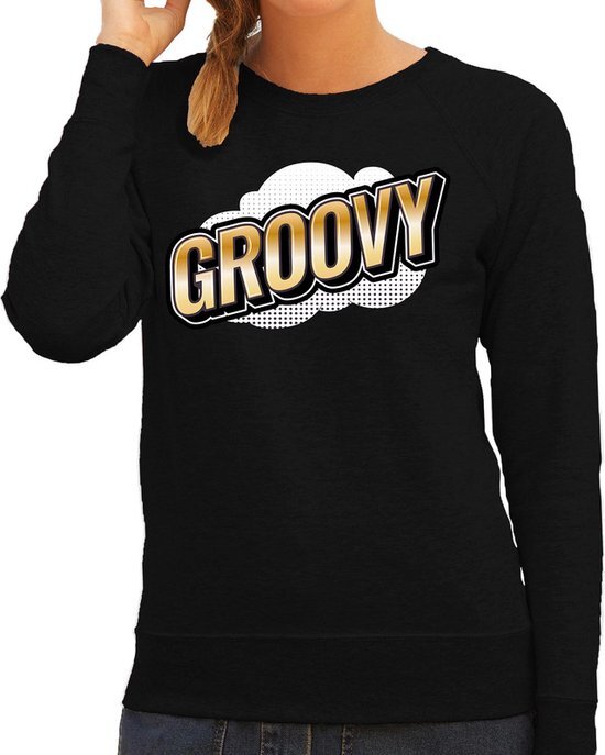 Bellatio Decorations Groovy fun tekst sweater voor dames zwart in 3D effect L