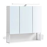VASAGLE Armoire de salle de bain avec éclairage LED, prise, 70 x 16,3 x 70 cm | Armoire miroir, armoire murale, panier suspendu, support de sèche-cheveux, pour salle de bain, blanc nuage et gris pigeon, collection DACEY BBK124W14