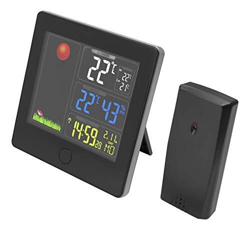 GadgetMonster Weerstation met buitensensor, digitale thermometer voor binnen en buiten van -40 °C tot +50 °C, tijdweergave, wekker en luchtvochtigheidsweergave, zwart