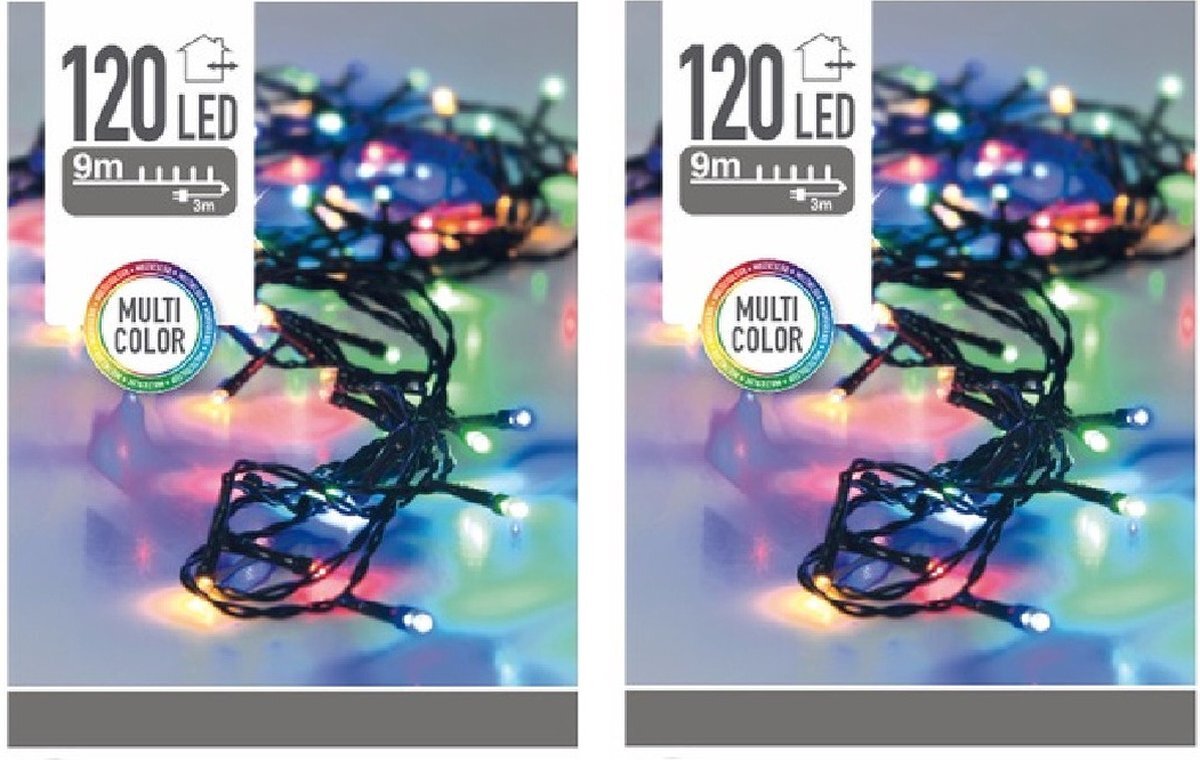 Bellatio Decorations 2x Kerstverlichting gekleurd 120 lampjes - voor buiten en binnen - boomverlichting