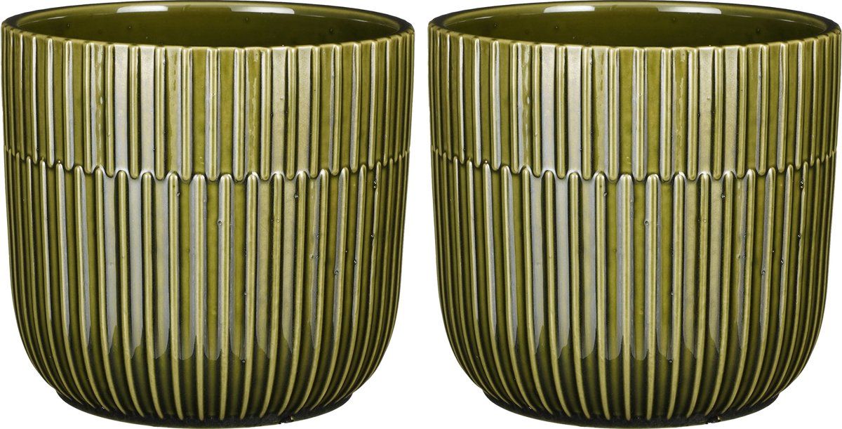 Mica Decorations - Bloempot - 2 stuks - Keramiek - Glans Donkergroen - D17.5/H16 cm