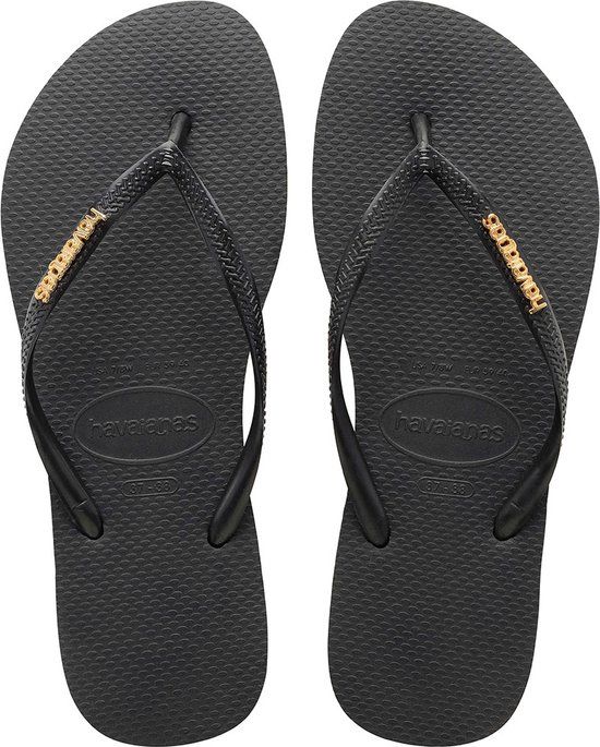 Havaianas Slim Logo Metallic Dames Slippers - Zwart/Goud - Maat 41/42