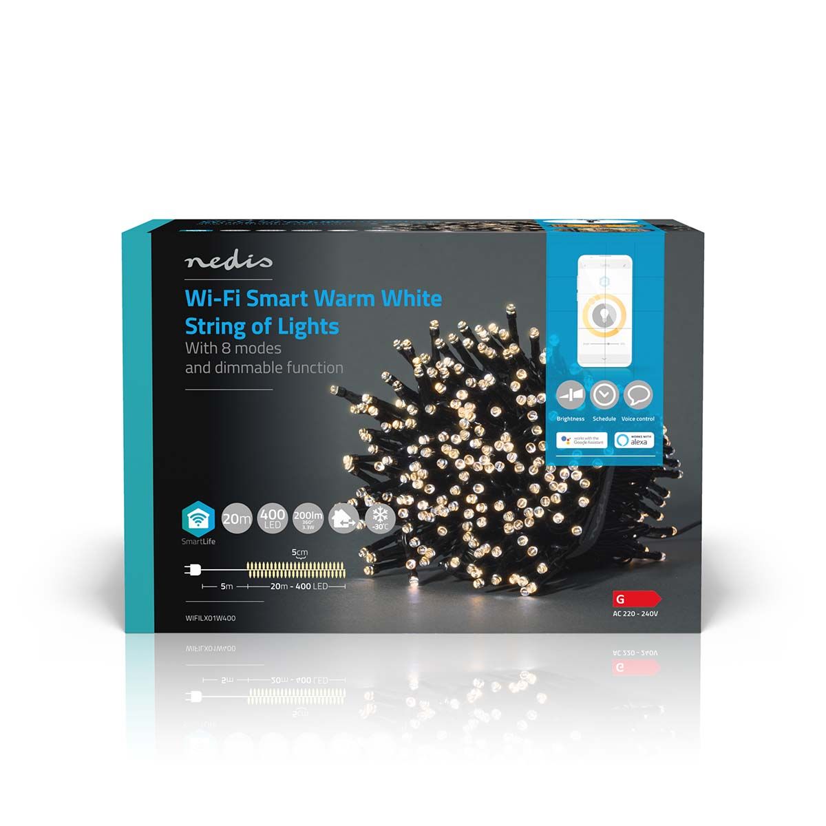 Nedis Smart LED Lichtketting - 20m - 400 LEDs - Warm Wit - IP65 - Wit