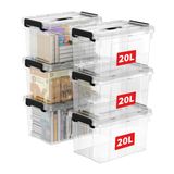 Cetomo 20L x 6 opbergdozen, draag plastic opbergdoos met deksels, organiserende container met handvat en veilige vergrendelende gespen, stapelbaar, nestbaar, draagtas voor thuiskantoor kleding