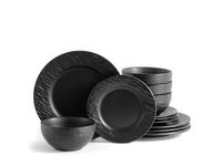 ECHTWERK 12-delig servies "New Modern", voor 4 personen, leisteenlook, van aardewerk, 4 dinerborden, 4 bijgerechtenborden, 4 kommen, zwart