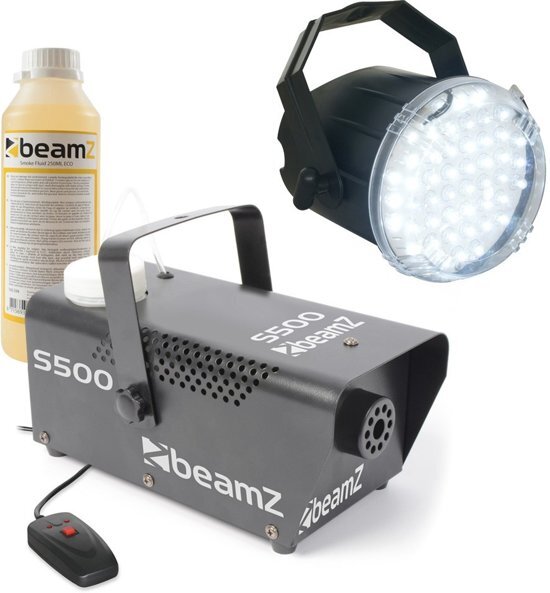 BeamZ Rookmachine en stroboscoop - LED stroboscoop + S500 rookmachine 500W met extra 250ml rookvloeistof (500ml totaal) Verrassend effect