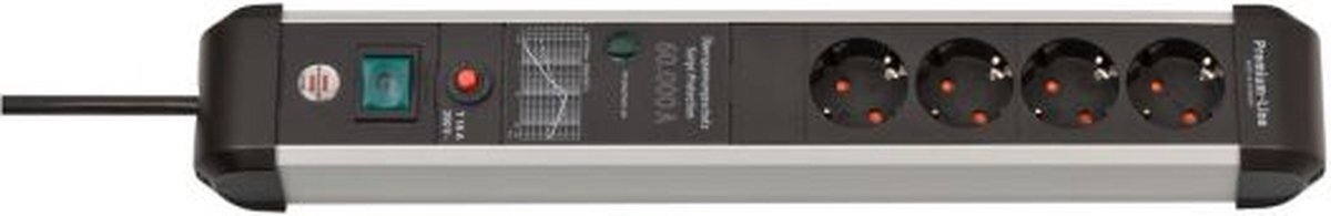 Brennenstuhl Premium-Protect-Line, stekkerdoos 4-voudig met overspanningsbeveiliging 60.000 A (3m kabel, met schakelaar, Made in Germany) zilver/zwart
