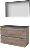 Basic-Line Framed 46 Badkamermeubelset - 100 x 46 cm - Greeploos - 2 Lades - Hardstenen Wastafel - Zonder Kraangat - Spiegel met Zwart Aluminium Frame - Scotch Oak