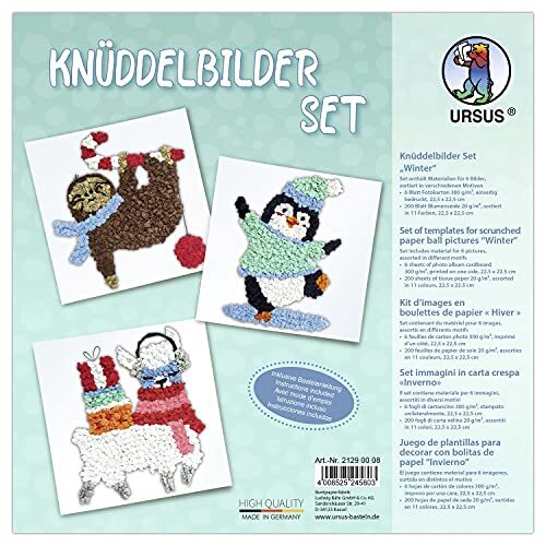 Ursus 21290008 Knüddel winter, knutselset voor kinderen vanaf 3 jaar, met 6 motiefsjablonen en gekleurd zijdepapier, voor het knutselen van foto's van papieren ballen, kleurrijk