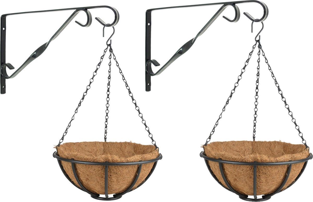 Esschert Design Set van 2x Hanging baskets 30 cm met muurhaken - Complete hangmand set van metaal | EAN: 8720576267943