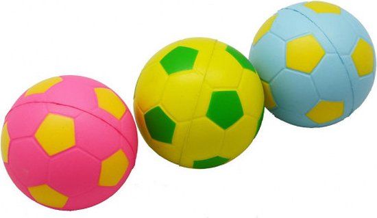 Mixballen - 6.3 cm soft foam - 3 kleuren - blauw/roze/geel - voetbalprint