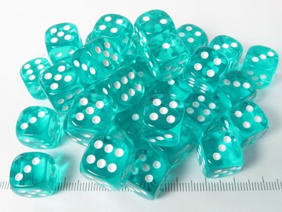 Chessex dobbelstenen set 36 6-zijdig 12 mm transparant turquoise