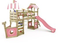 Wickey StormFlyer Speeltoestel - Schommel en Touwladder met Glijbaan - Wiebelbrug & 2 Zandbakken - 494x495x260 cm - Pastelroze