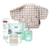 Suavinex, Kleuterrugzak voor baby's, babycadeau met: Baby Cologne Memories 100 ml luiercrème 50 ml + pak van 25 reinigingsdoekjes + leerbeker, grijze olifant