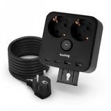 huslog Stopcontactkubus met 2 Schuko-stopcontacten, 2 USB-A & 2 USB-C poorten, 3680W stekkerdoos met schakelaar, telefoonhouder & wandmontage, 1,4 m kabel – compacte stroomverdeler voor kantoor