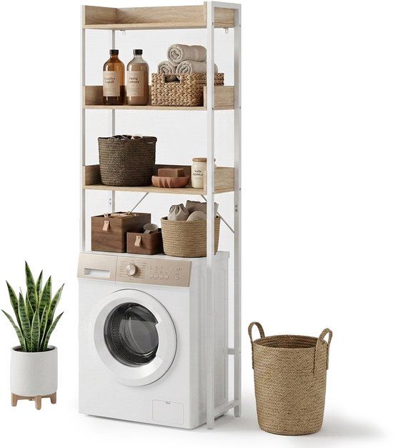Merkloos Relaxdays Wasmachine-rek - bruin-wit - 63x166,5x25 cm - met opbergruimte