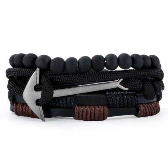 LGT JWLS LGT Jewels Heren armbanden Set Zwart Leer Zilverkleurig Anker