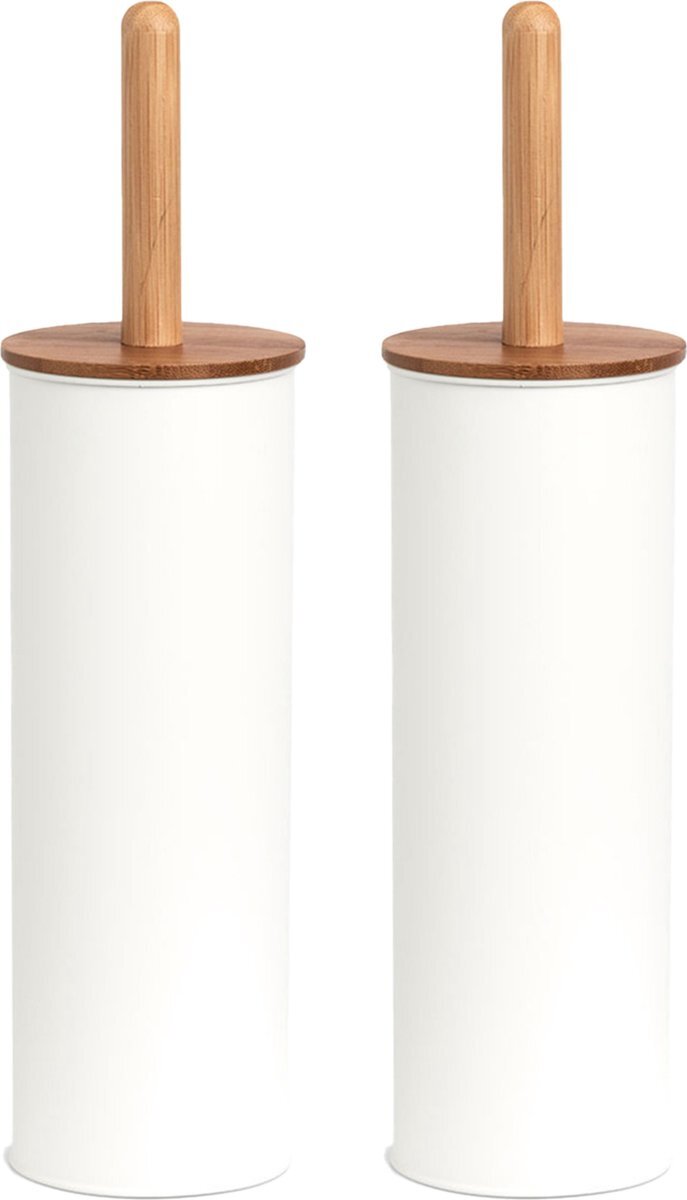 ZELLER WC/Toiletborstel in houder metaal/bamboe hout - 2x stuks - wit - 38 x 10 cm