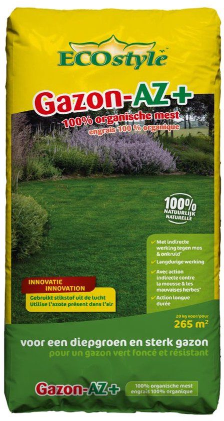 ECOstyle Gazon AZ+ - Organische Gazonmest – Voor Diepgroen en Sterk Gazon – Geeft tot 120 dagen Voeding – Werkt tegen Mos - 265 M² - 20 KG