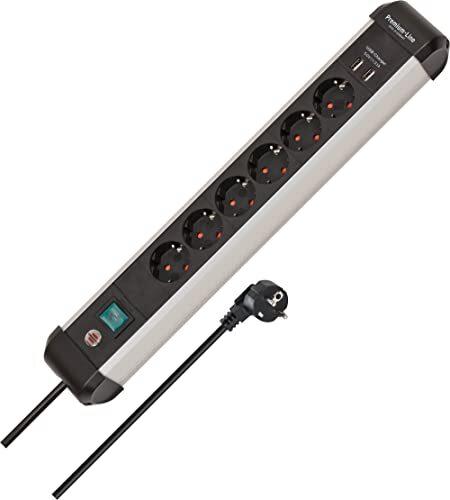 Brennenstuhl Premium-Alu-Line stekkerdoos met USB / stekkerdoos 6-voudig van hoogwaardig aluminium (stekkerdoos met 3 m kabel en schakelaar, 2-voudig USB 3.1 A, Made in Germany) zwart/zilver