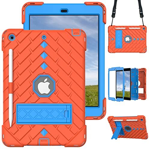 JOYLYJOME Compatibel met iPad 10,2 inch 9e / 8e / 7e generatie, 3-in-1, schokbestendig, robuuste beschermhoes met penhouder en 360° draaibare standaard, oranje + blauw