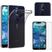 Phonillico® Case voor Nokia 7.1 + Gehard glas Screenprotector Film - Transparant Siliconen TPU Gel Case Cover Zachte bescherming Ultradun Fijn Slank Lichtgewicht Anti-schokbestendig - Beschermend glas Antikras Geen luchtbel 9H hardheid