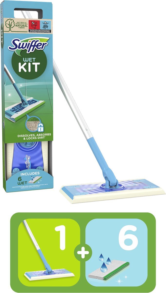 Swiffer Vloerreiniger Starterskit - 1 Vloerreiniger - 6 Vochtige Vloerdoekjes Navullingen