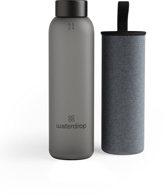 waterdrop® Glazen Drinkfles 600 ml - Black Frosted - Duurzame Waterfles van Borosilicaatglas - Met Neopreen Beschermhoes en Bamboe Dop - 0.60 l