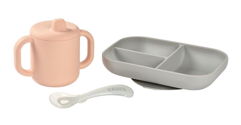 BEABA Toddler Dinner Set - Silicone - Grey/Pink