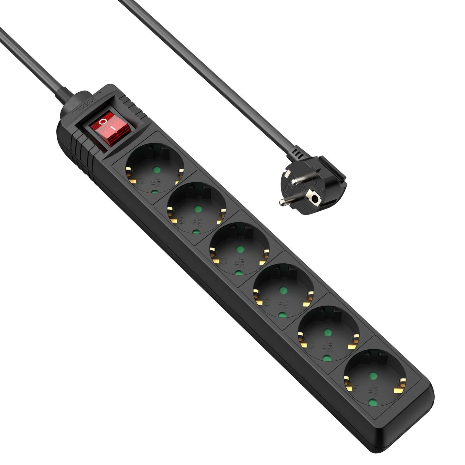 Allteq Stekkerdoos met schakelaar - 6-voudig - 5 meter - Zwart