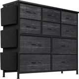 GarveeMore Commode, metalen frame, 10 laden, stof, houten bovenkant, 30 x 99 x 89 cm, zwart