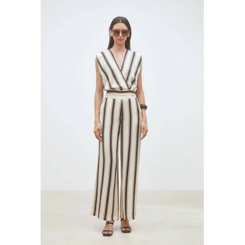 Suncoo wide leg high waist gestreepte broek crème