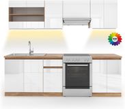 Vicco Keukenblok R-Line, Wit Hoogglans/Wit, 240 cm, WB Sonoma met LED-strip