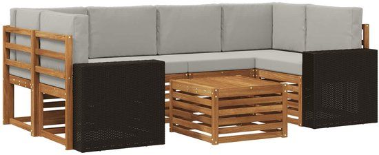 vidaXL - Bank loungeset - 6 zitplekken - Naturel en lichtgrijs - Massief Acacia Hout