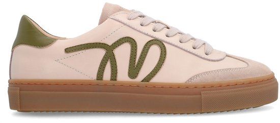 Manfield - Dames - Beige leren sneakers met groene details - Maat 37