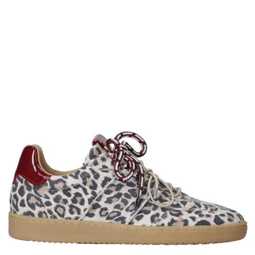 DWRS Poona suède sneakers met panterprint zand/bordeaux