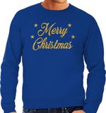 Bellatio Decorations Shoppartners Bv Foute Kersttrui - sweater - Merry Christmas - goud / glitter - blauw - heren - kerstkleding / kerst outfit XXL
