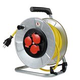 as - Schwabe 10344 Metalen Kabelhaspel met 3 Beschermende Contactcontactdozen, IP44, 230 V/16 A, 40 meter Kabellengte, Zilveren