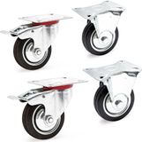 Wiltec set de transportrollen, 75 mm, 2 wielen met dubbele rem en 2 vaste wielen, massief rubberen wiel, 50 kg par roue