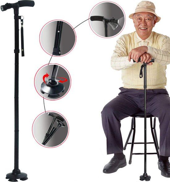 Brauch Wandelstok Opvouwbaar Verstelbaar met LED Licht Lampje – Ergonomische Vitality Wandelstok Dames / Heren – Vierpoot Links- en Rechtshandig